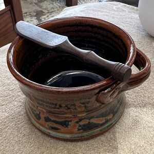 Handcrafted Pottery Bowl with Wooden Spreader